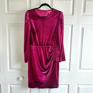 Betsey Johnson Long Sleeve V-neck Ruched Mini Dress 8 Fuchsia Pink Velvet Party